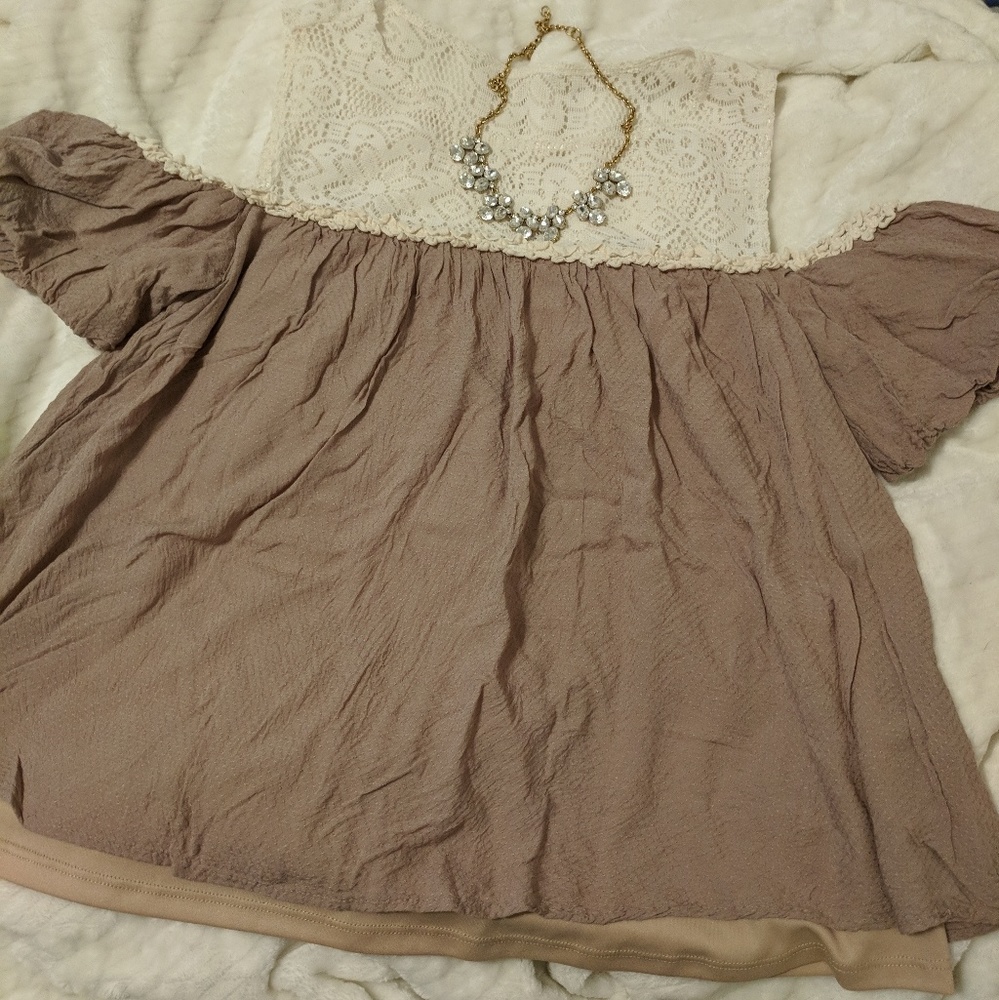 Basically Me Cold Shoulder Taupe and White Lace